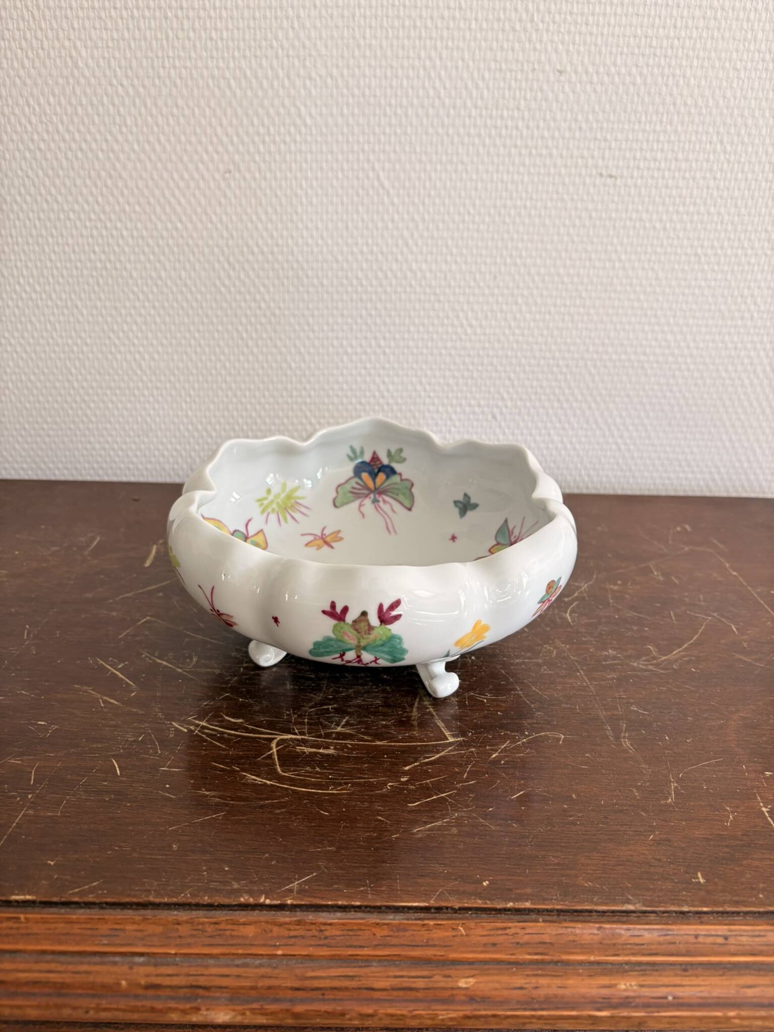 Old Tripod Pocket Bowl Limoges Floral Butterfly Decor Porcelain