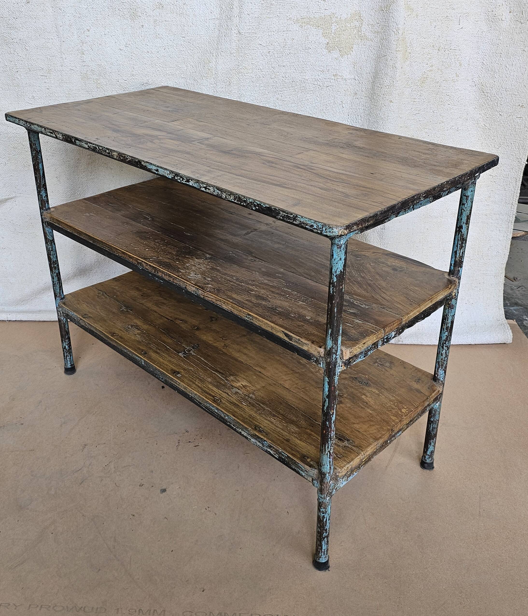 Textile workshop console in teak and wrought iron