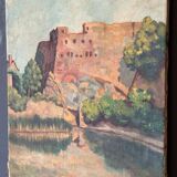 Oil on canvas landscape with a fortress circa 1930 by Dernay