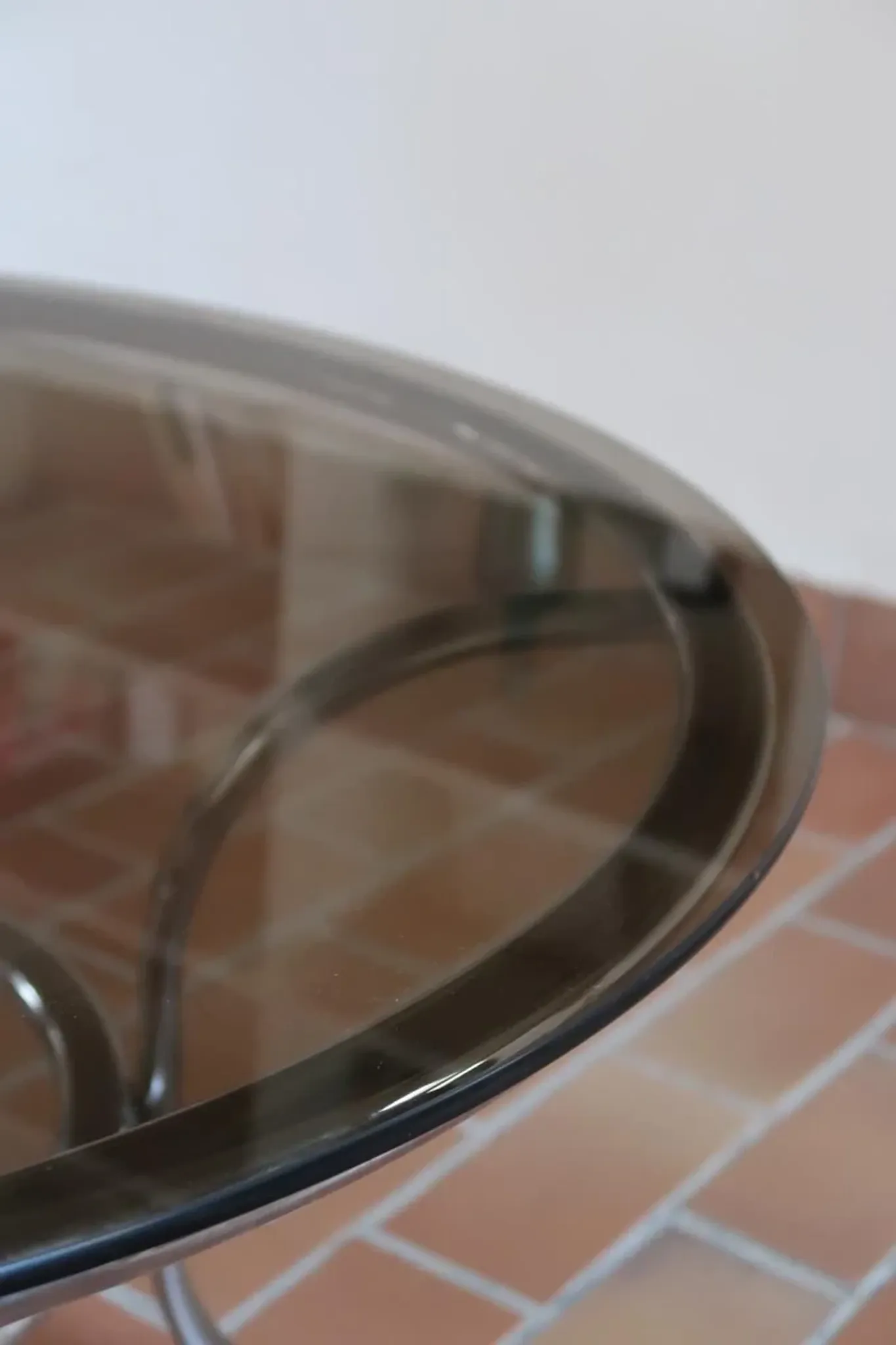 Round coffee table in smoked glass and chrome – Space Age style, 1970s