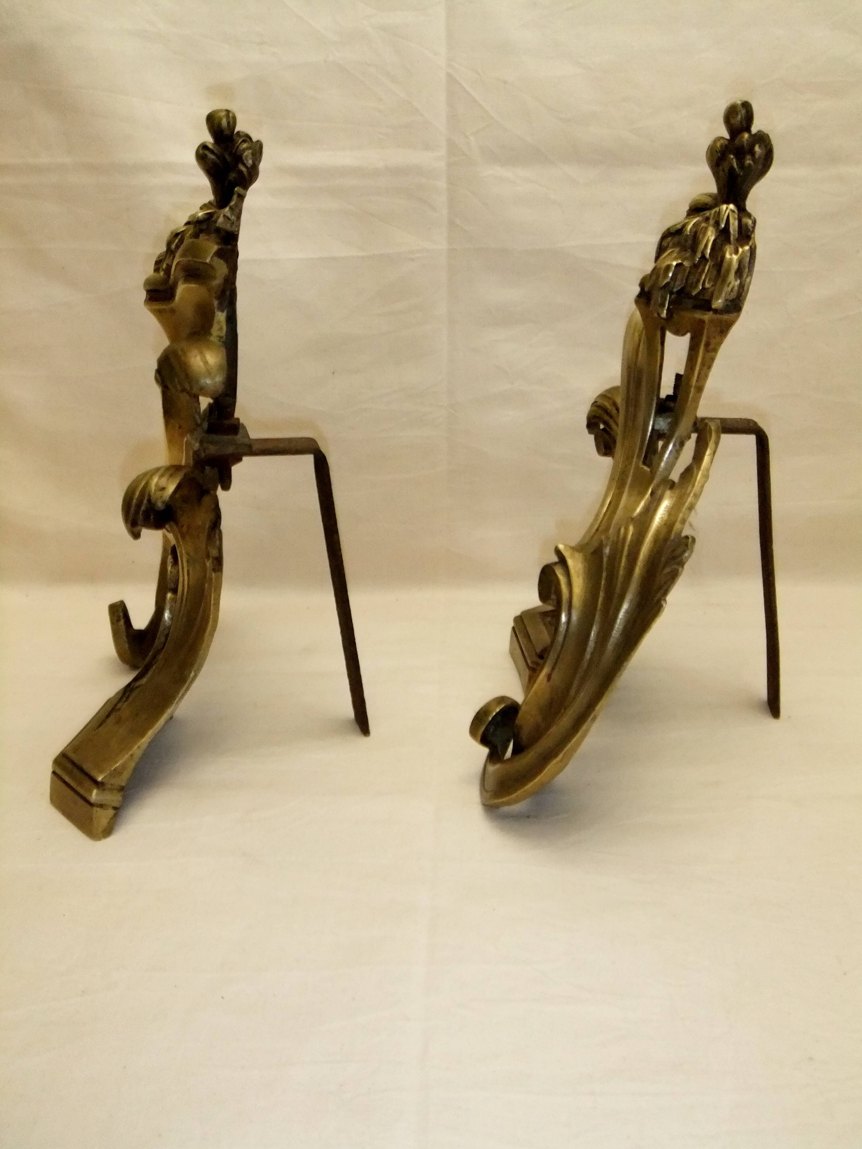 Old bronze andiron pair XVIII decor leaf accessory fireplace trim