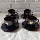 4 black tempered glass bowls Arcoroc OCTIME series, vintage, red border