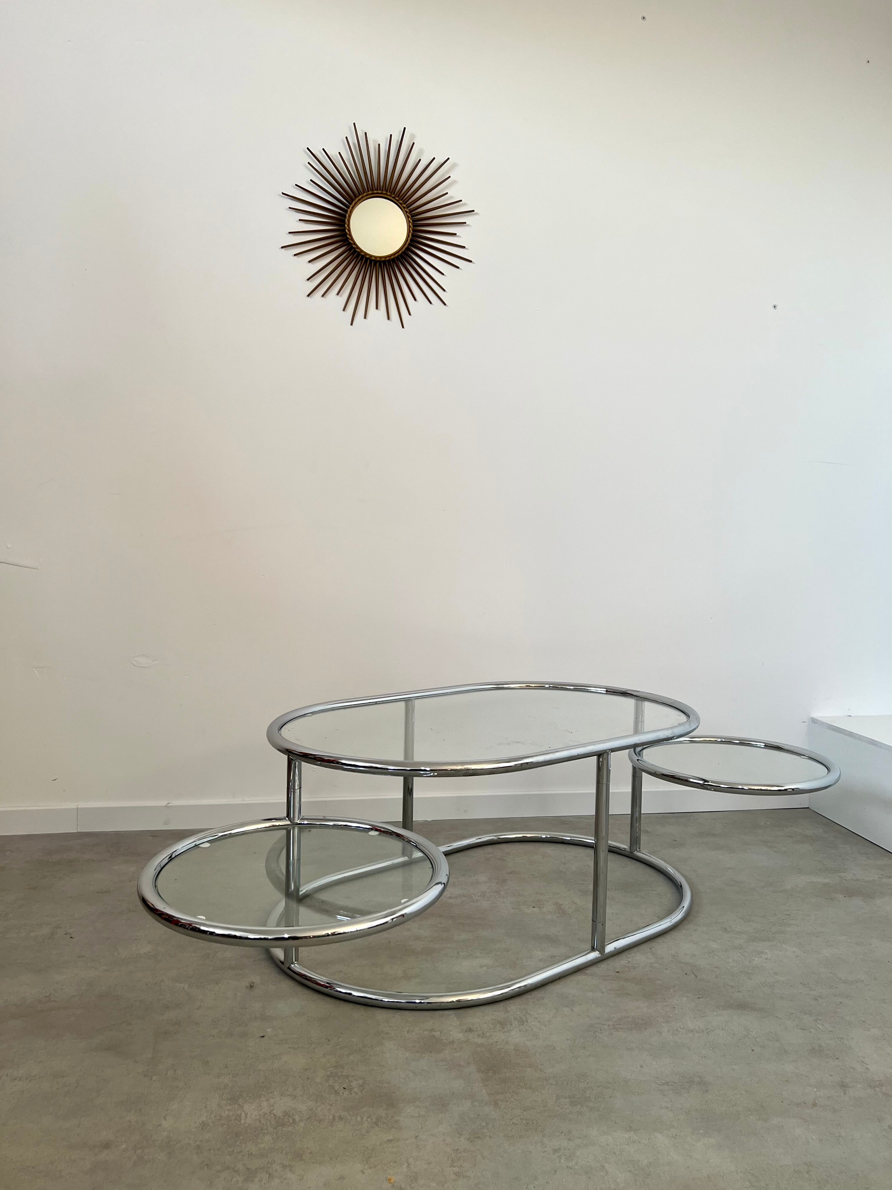 Vintage tubular coffee table glass top, Italian design of the 70s