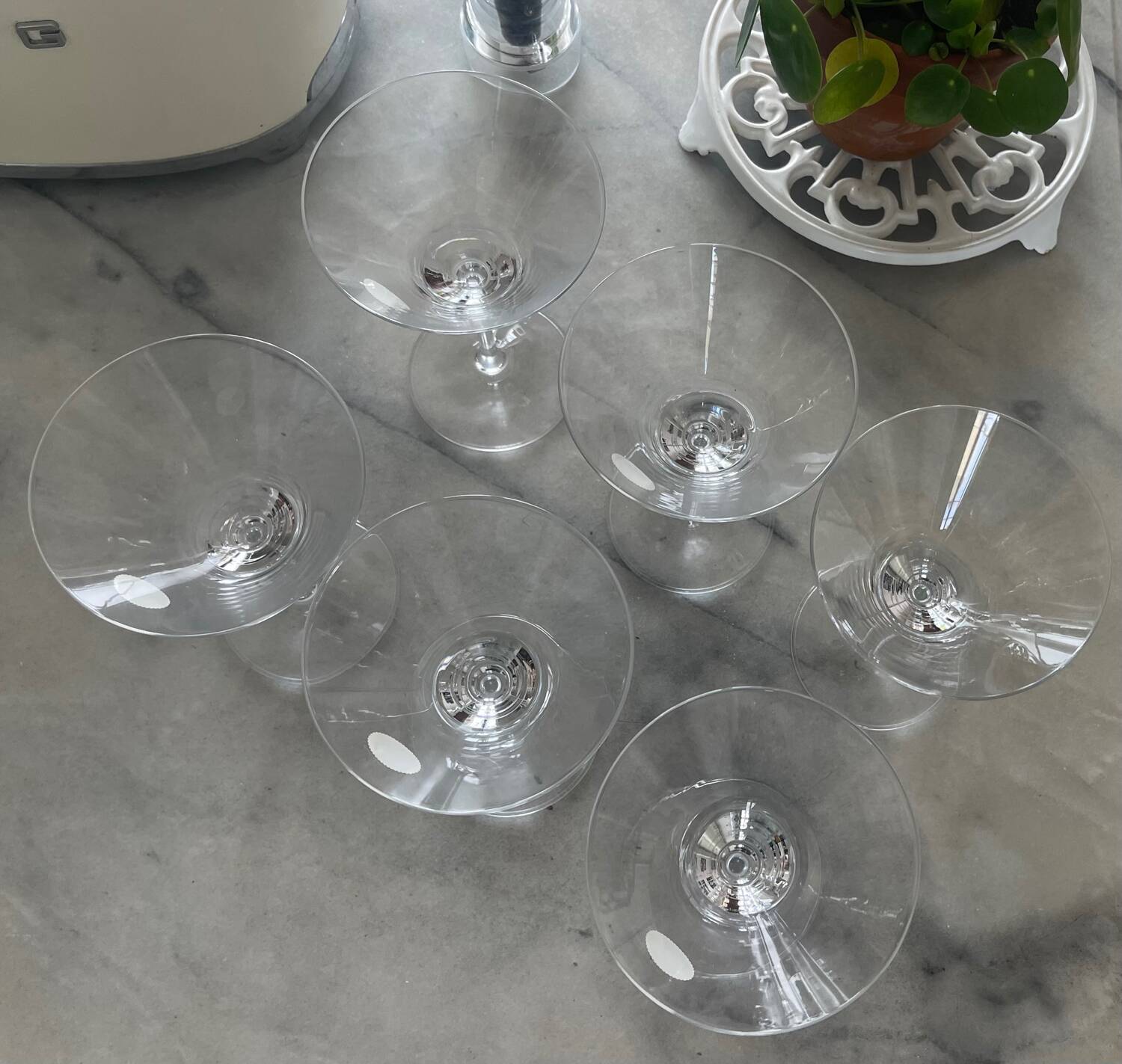 6 Bohemian crystal cocktail glasses.