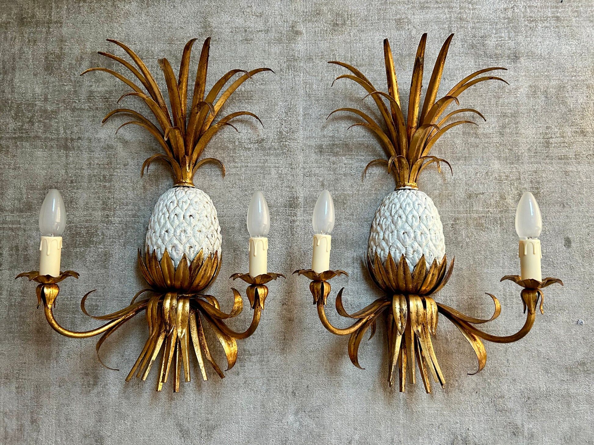 Pair of pineapple wall lights, in the style of Maison Charles / Jansen, 1960s, Hollywood Regency.