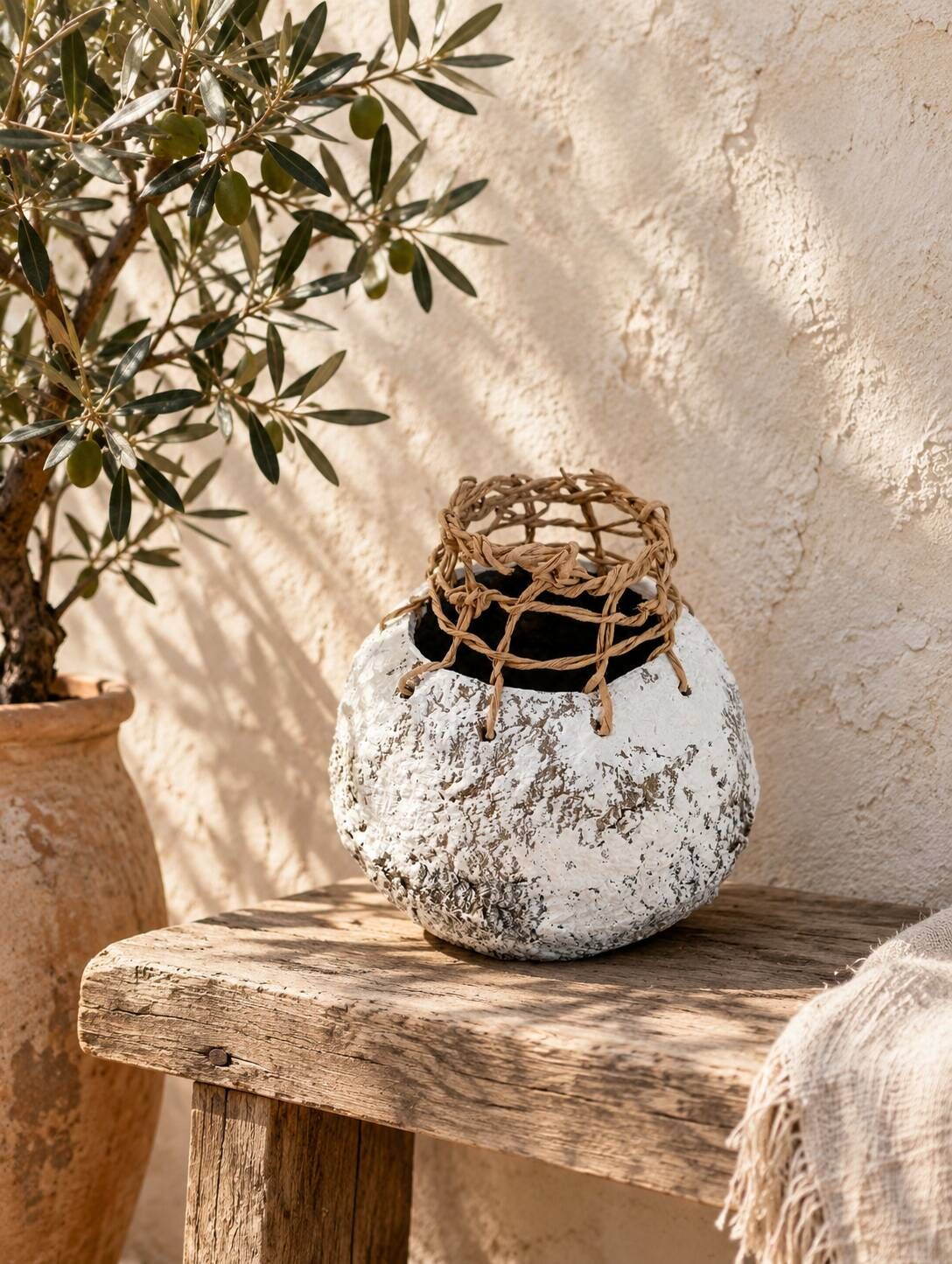 Sculptural vase with a stone effect. Wabi-sabi. Bohemian.