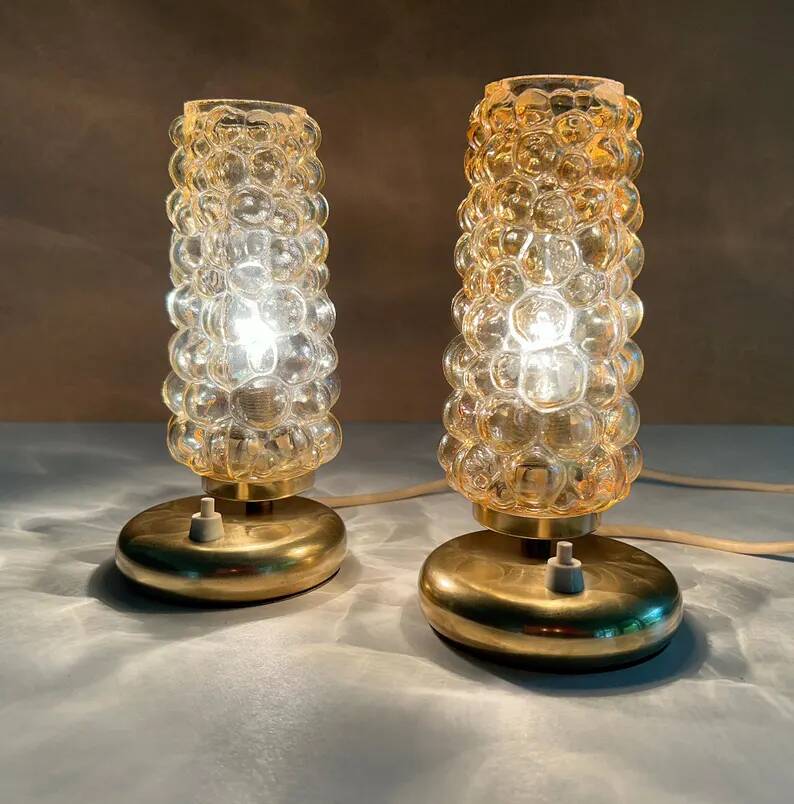 Pair Vintage  Lamps, Bedside, Bubble Glass