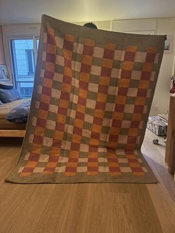 Organic jute rug with orange and pink patterns by Matias Mollenbach