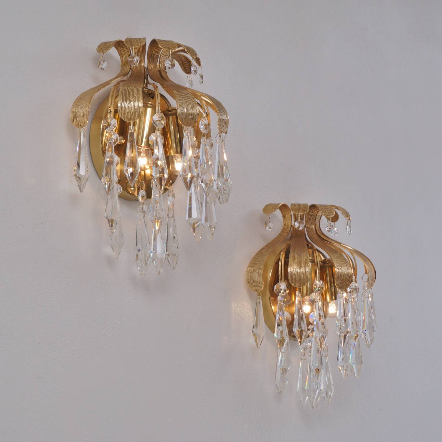 Palwa crystal pair wall lights sconces by Ernst Palme, brass pineapple, 1960`s, German
