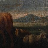 Oil on canvas 18th century scene of animals and shepherd gilded frame