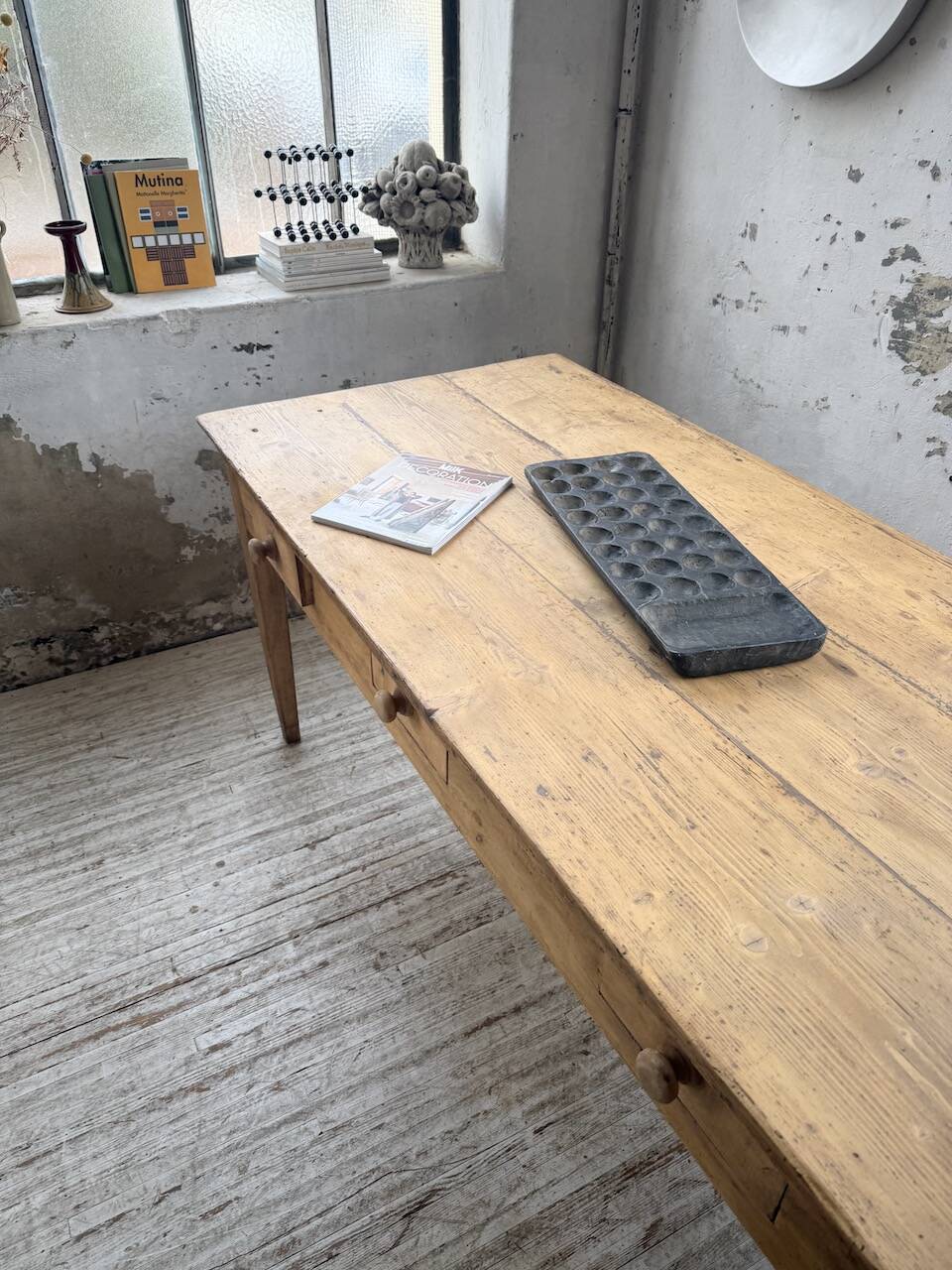 Pine and oak farmhouse table with multiple drawers, communal type, 240cm.