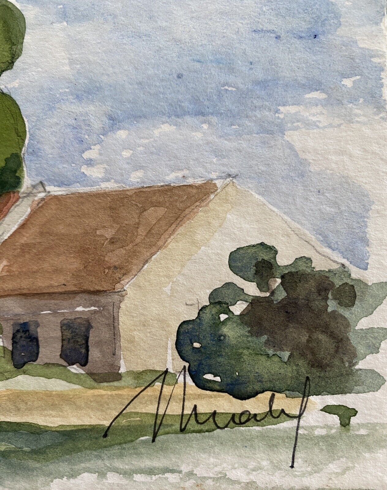 Watercolor painting "the wooded village" by jean-francois devaliere (1926-2021)