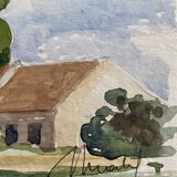 Watercolor painting "the wooded village" by jean-francois devaliere (1926-2021)