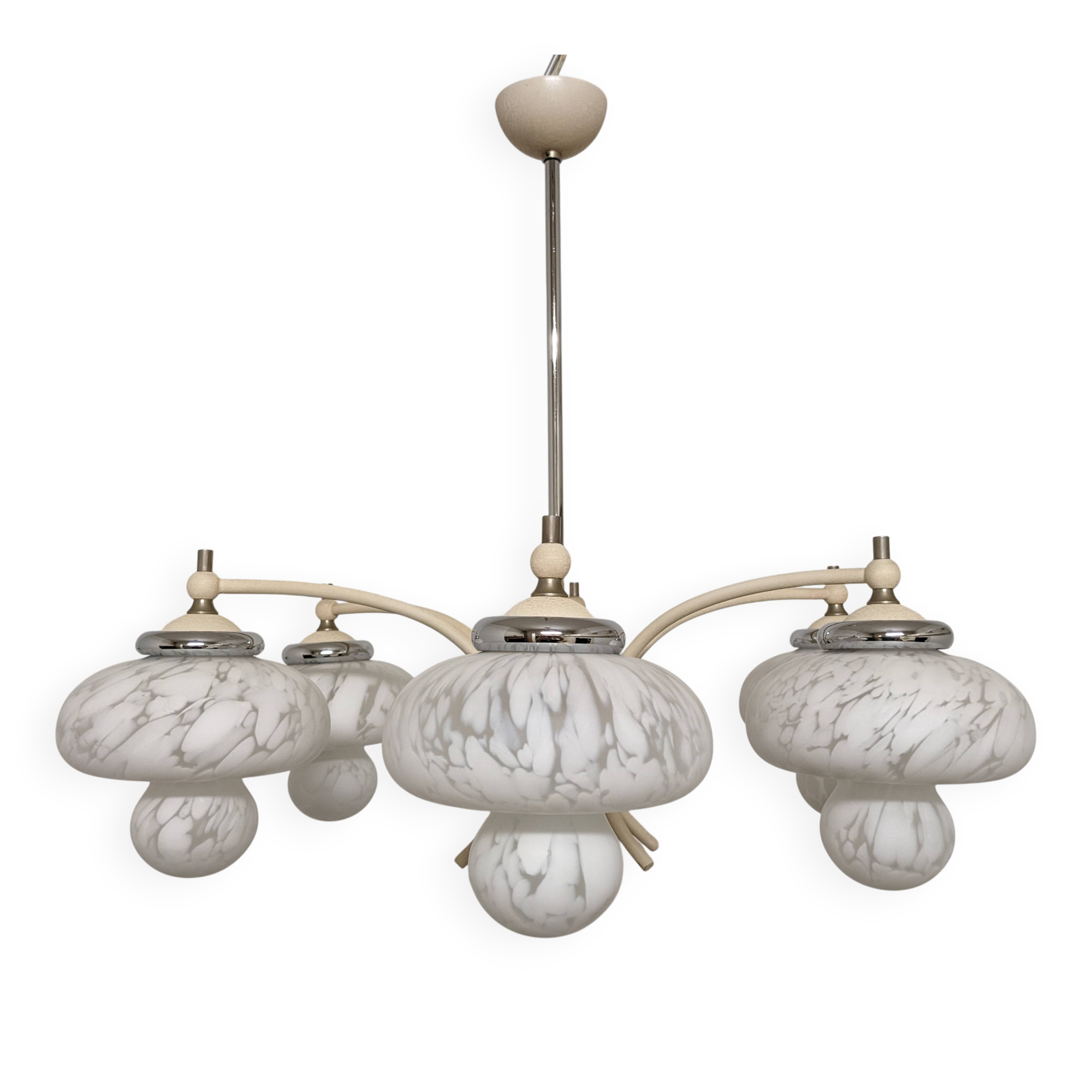 Space age chandelier with 6 frosted glass lights, Eastern Europe circa 1950.