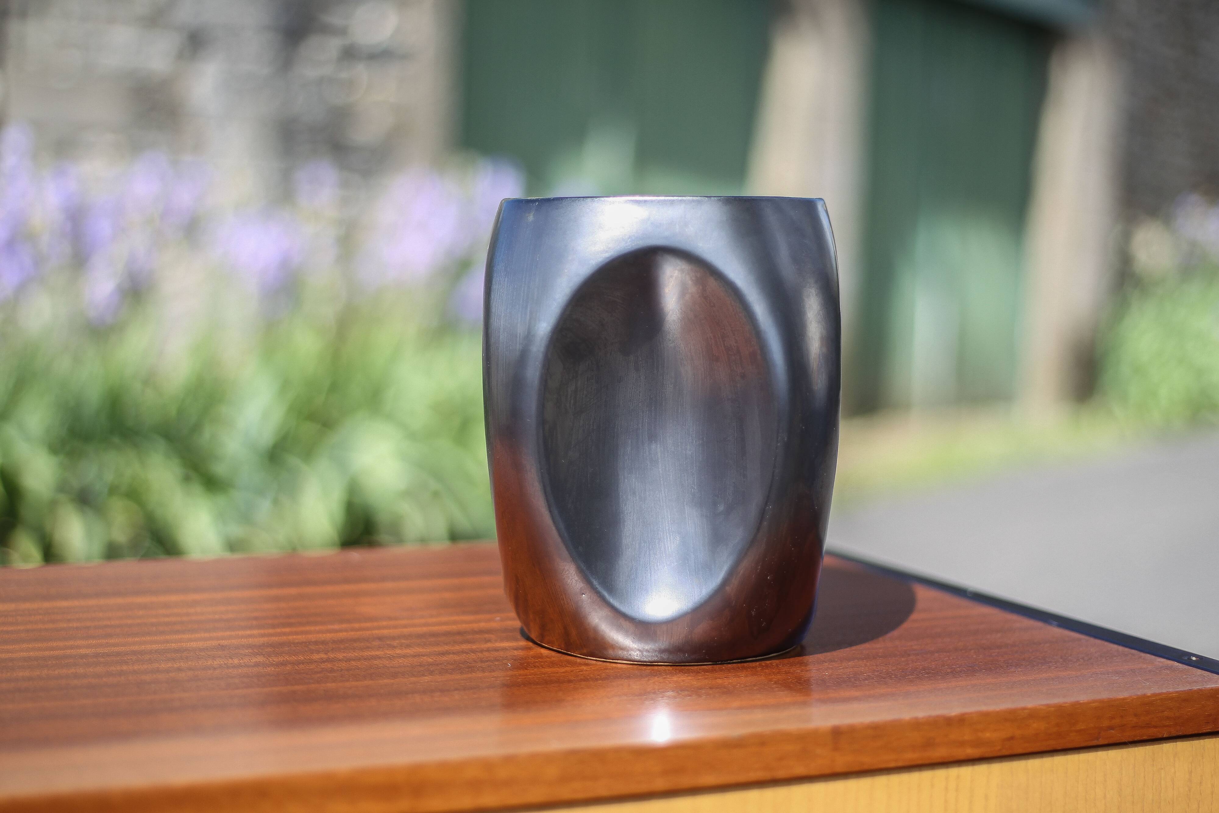 Vallauris modernist cubic vase enamelled black with orange interior, vintage vase, collection, decoration