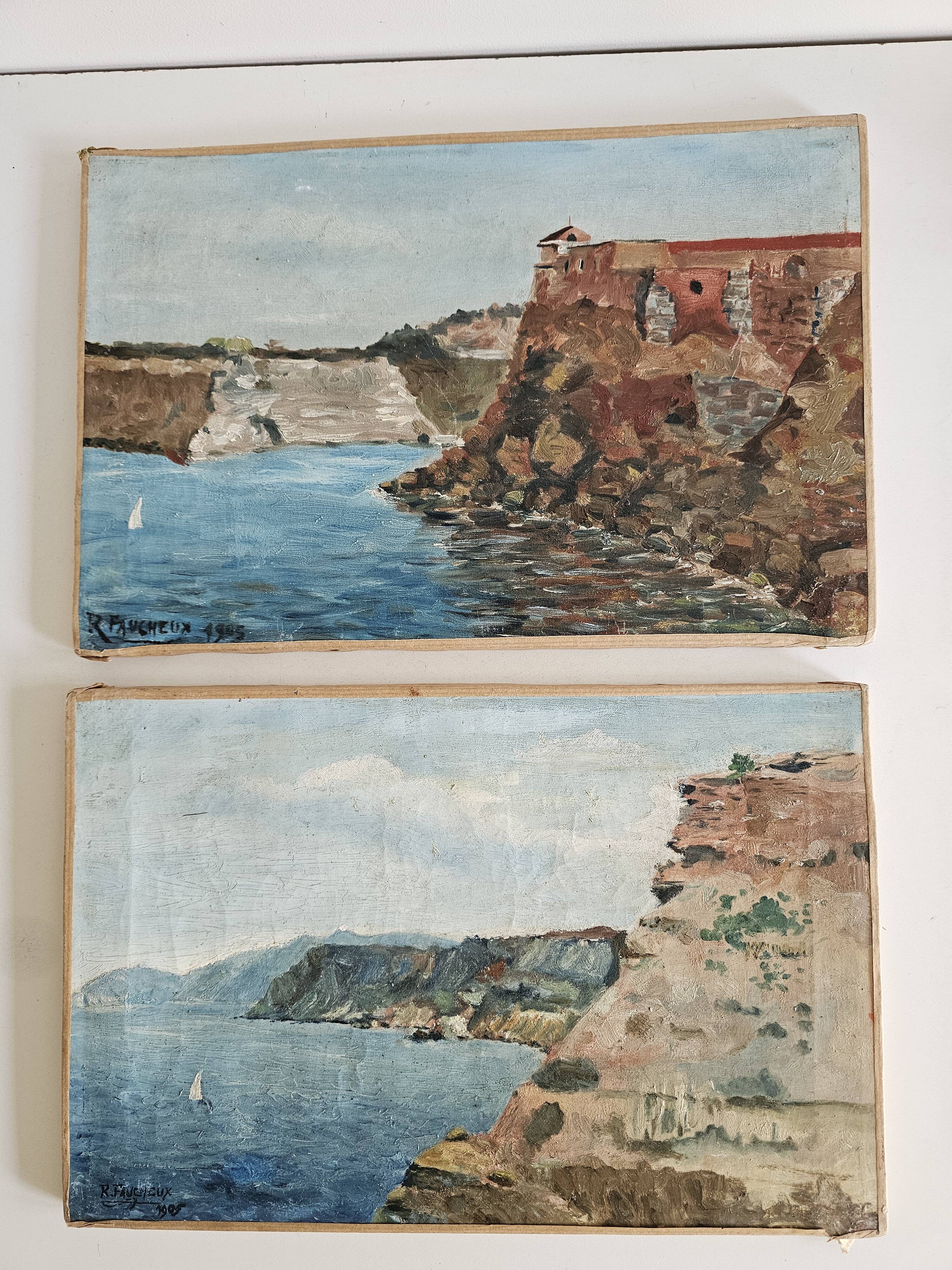 Set of 2 Oil Paintings on Canvas Marine Cliffs Signed R Faucheux 19