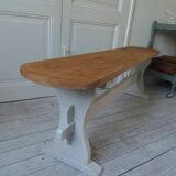 Vintage bench re-enchanted in pearl gray, wooden seat.