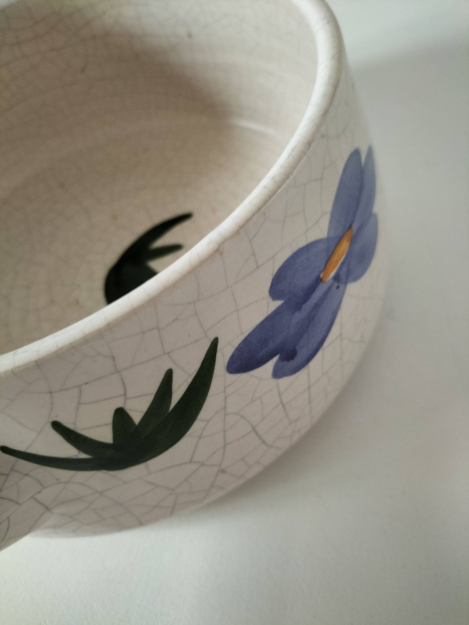 Large antique crackled ceramic fondue pot decorated with blue flowers