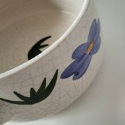 Large antique crackled ceramic fondue pot decorated with blue flowers