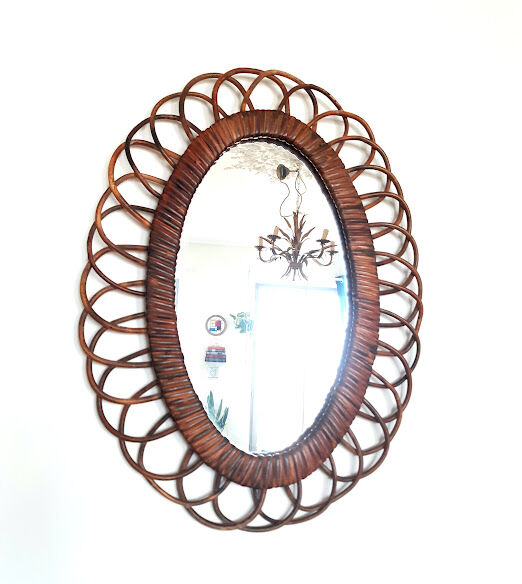 Oval rattan mirror 50 cm circa 1960