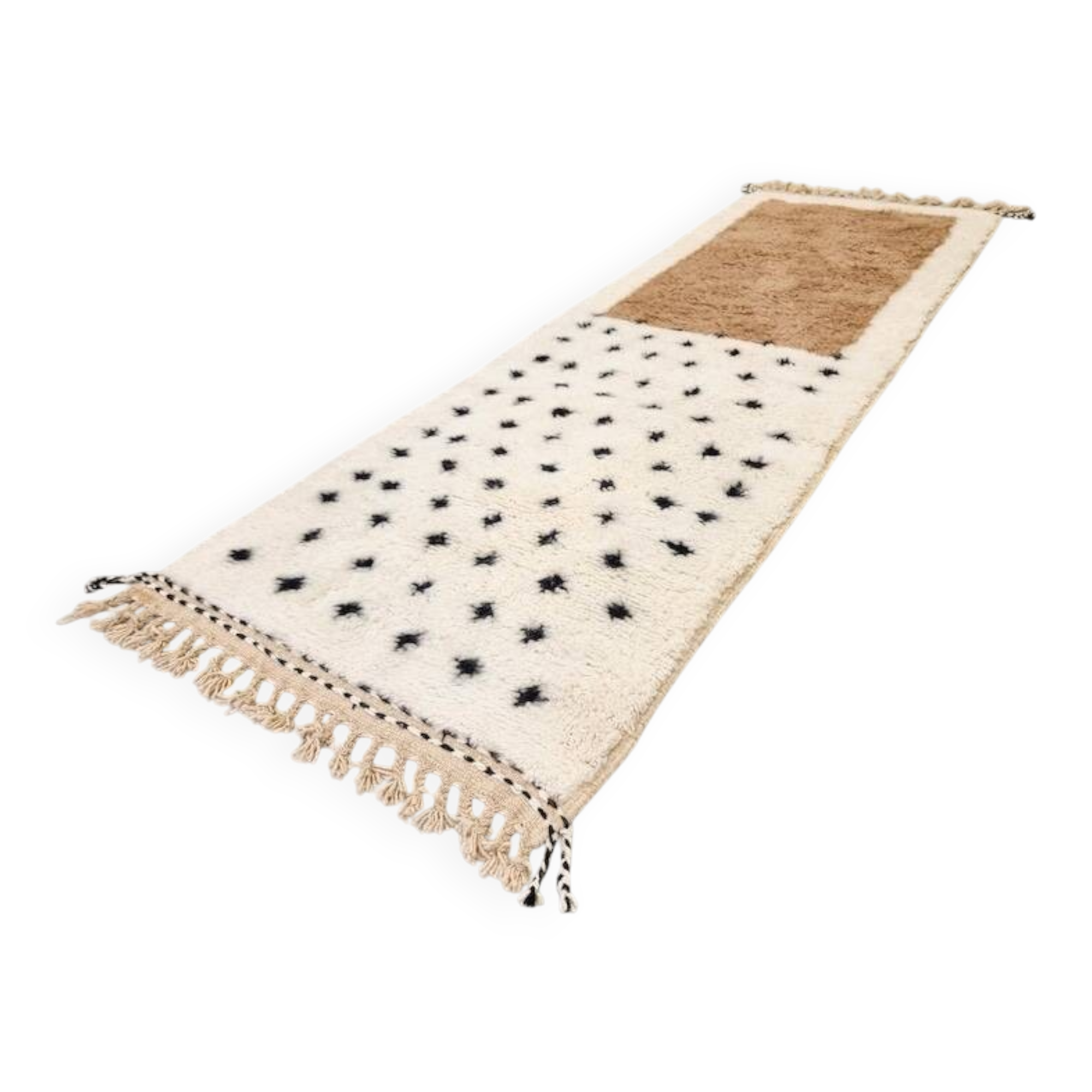 Moroccan polka dot hallway, white and brown beni ourain rug, berber design