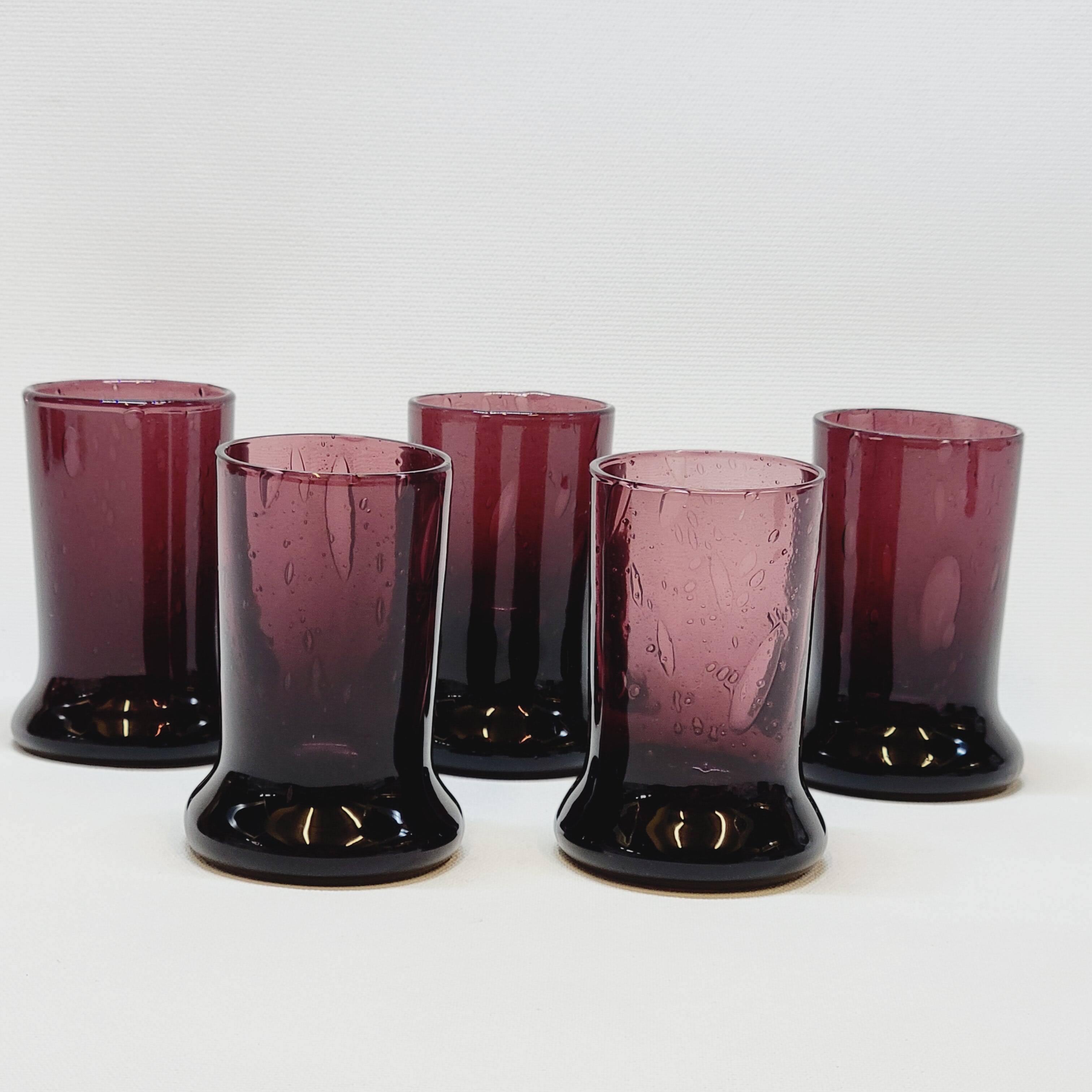 5 Small Liqueur Glasses Vodka Cups in Bubble Blown Glass Plum Biot?