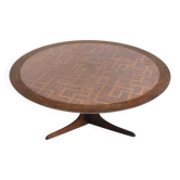 Vintage brutalist copper and wood round coffee table 1970s