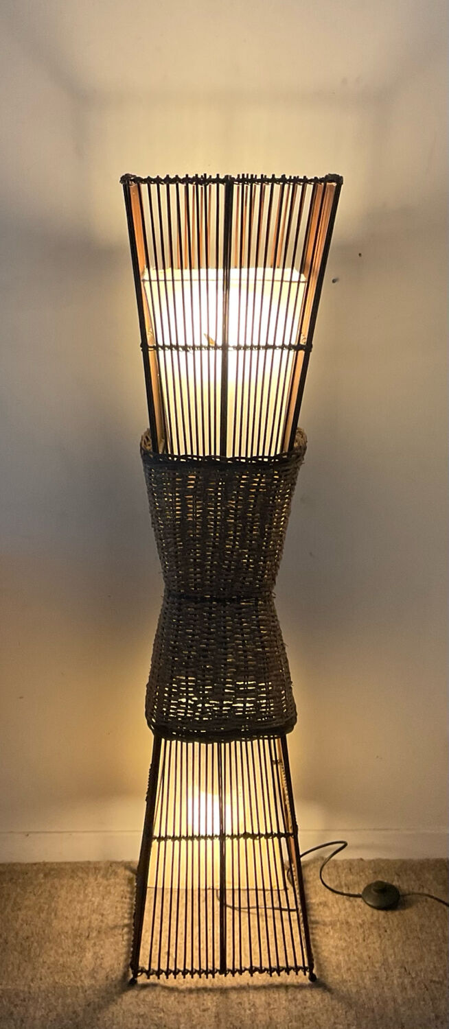 Vintage rattan and raffia floor lamp