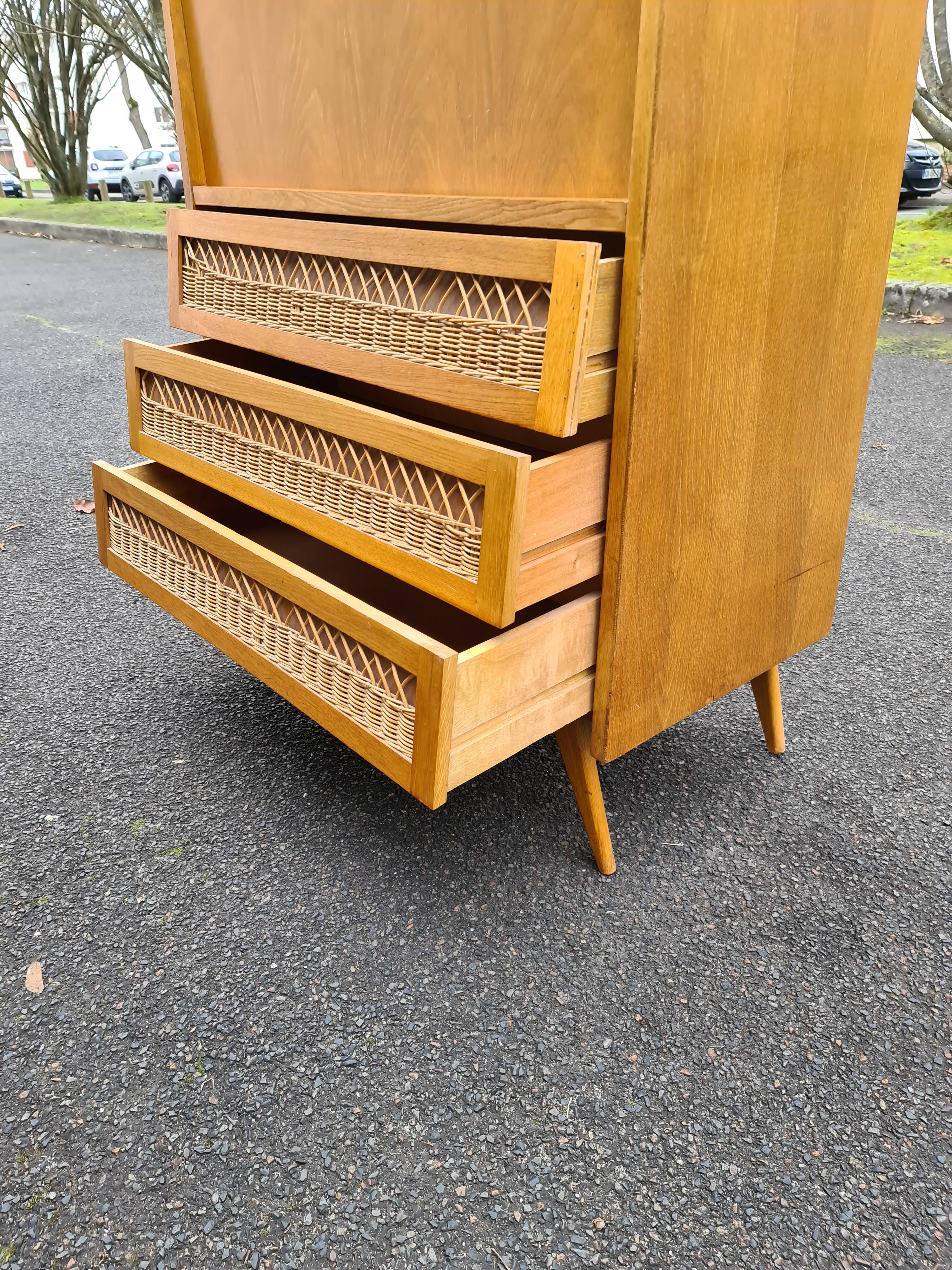 Secrétaire vintage pied compas 1960 rotin