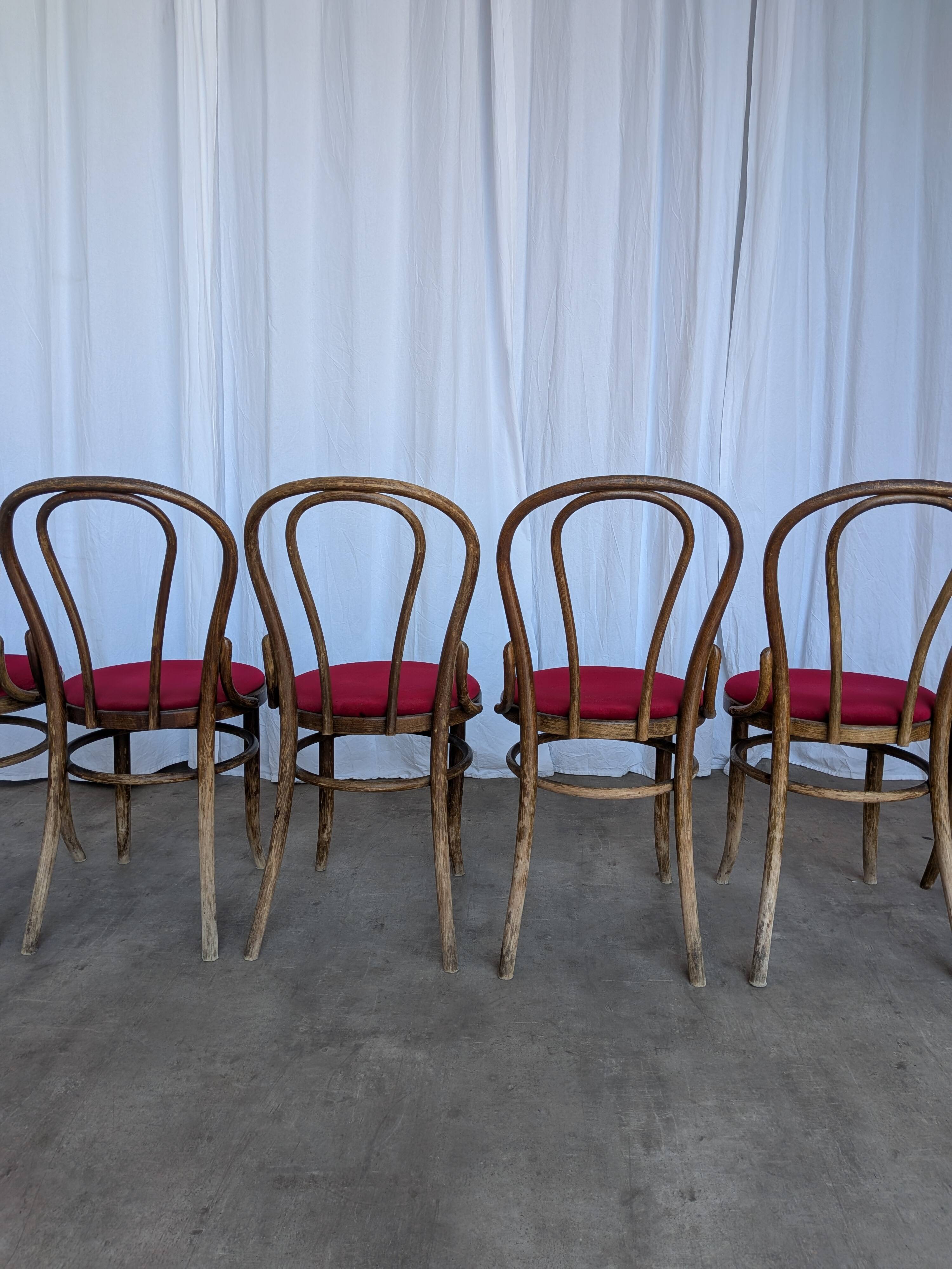 Set of 6 Vintage Bentwood Dining Chairs Set: 1970s , Red Uphols
