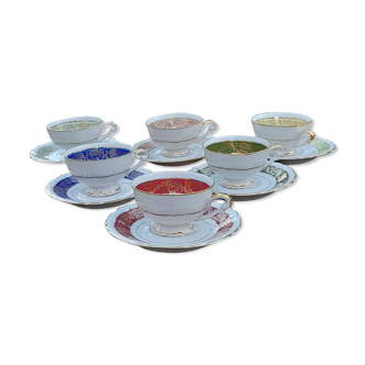 Service 6 cups fine porcelain coffee of different colors, frieze and gilding, 1950's