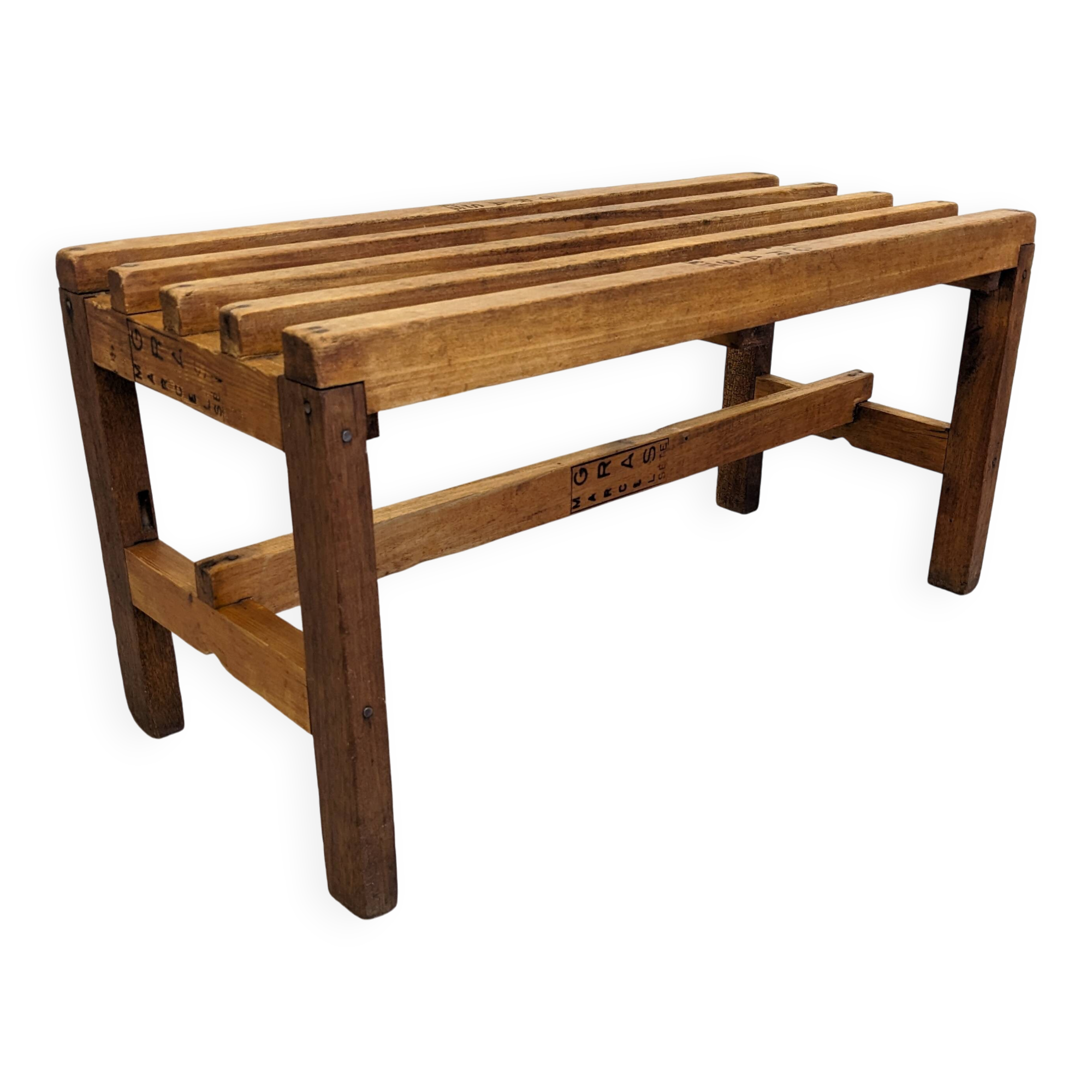 Wooden slatted display bench or support, France circa 1960.