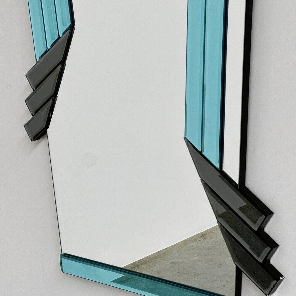 Postmodern geometric mirror with blue & dark gray smoked glass, 1980s