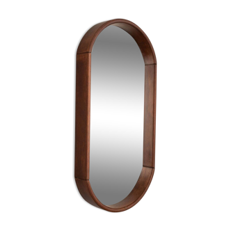 Vintage wall oval mirror 70s in wooden  Italian design