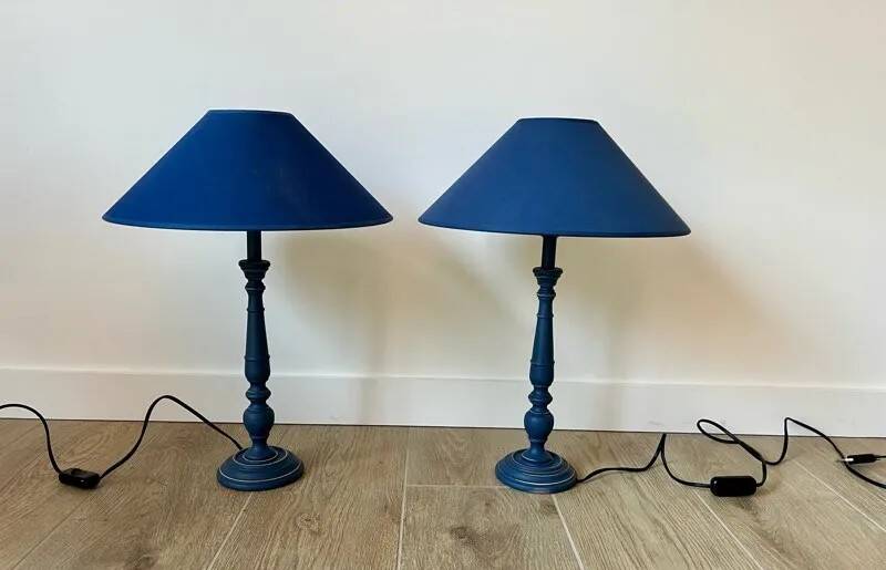 Pair of classic navy blue wooden lamps 57x25 very beautiful