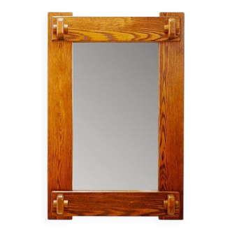 Brutalist wall mirror with a solid wood frame - 1960s