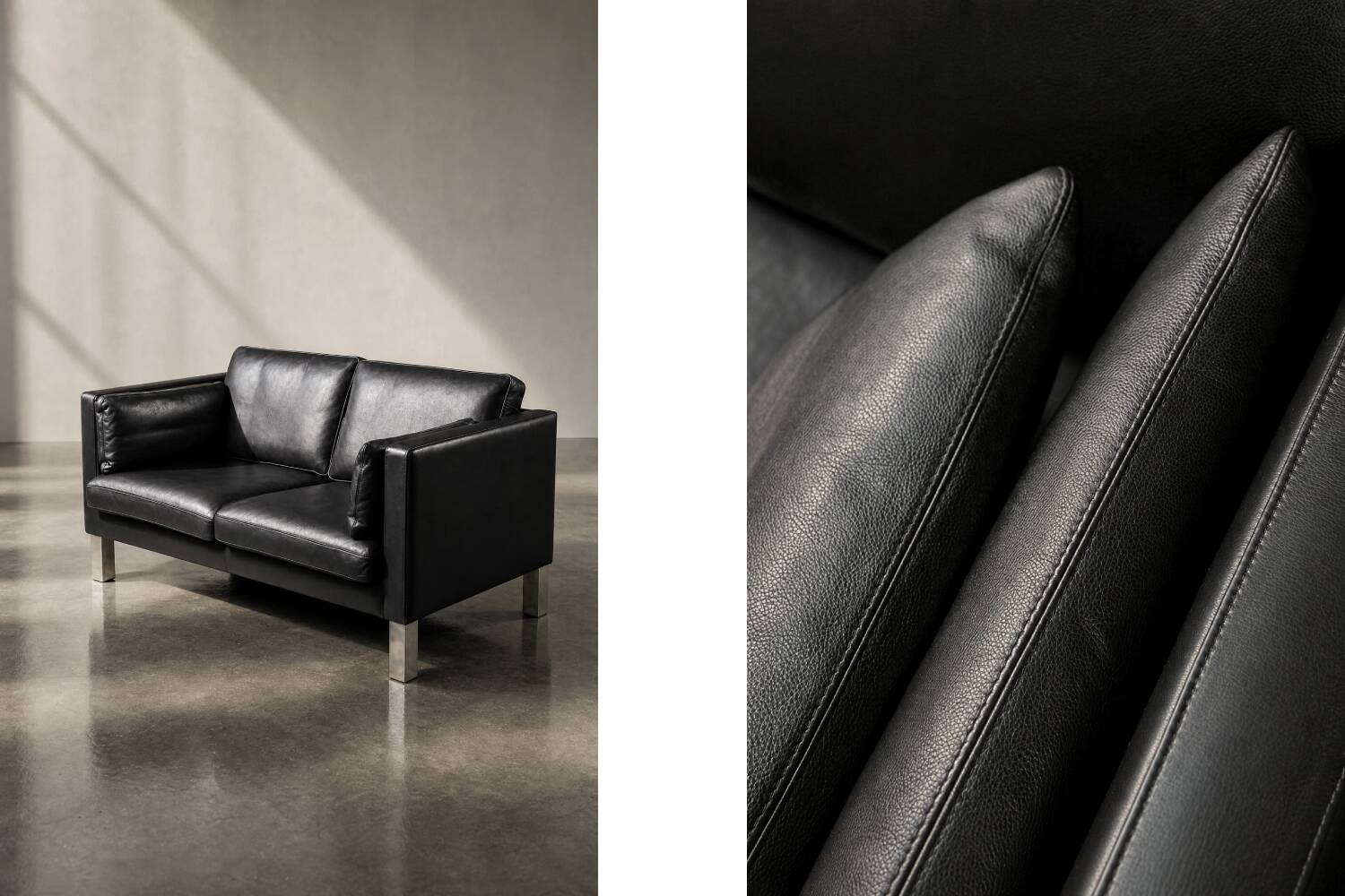 Vintage Mid-Century Danish Modern Two-Seater Black Leather Sofa, 1970s