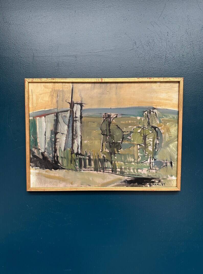 Original Swedish Oil on Canvas – “Abstract Landscape” by S. Hamlet – Dated 1960 – Vintage and Framed – 66 × 48 cm (26" × 18.9")