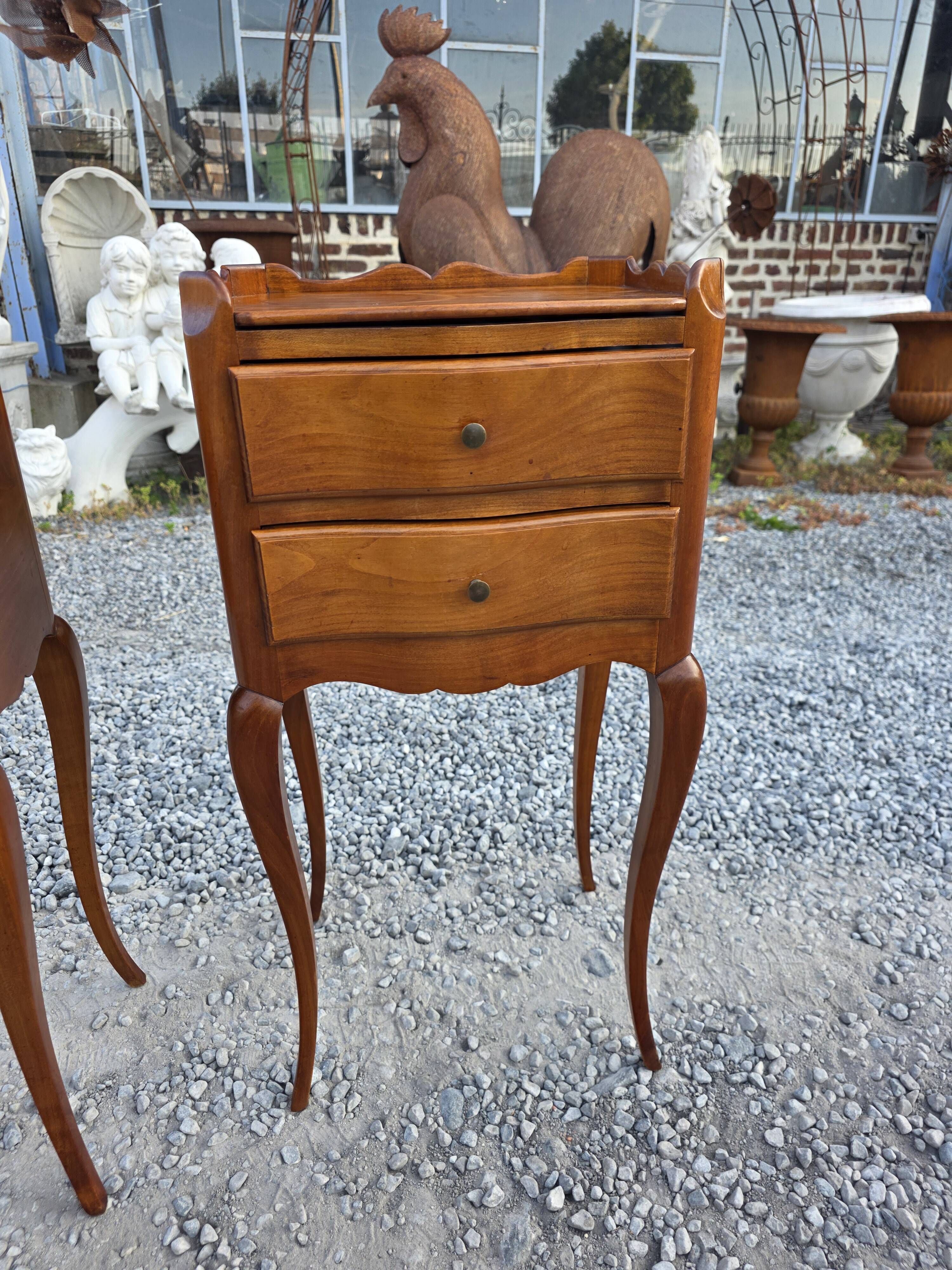 Pair of Louis XV style bedside tables in solid cherry wood.