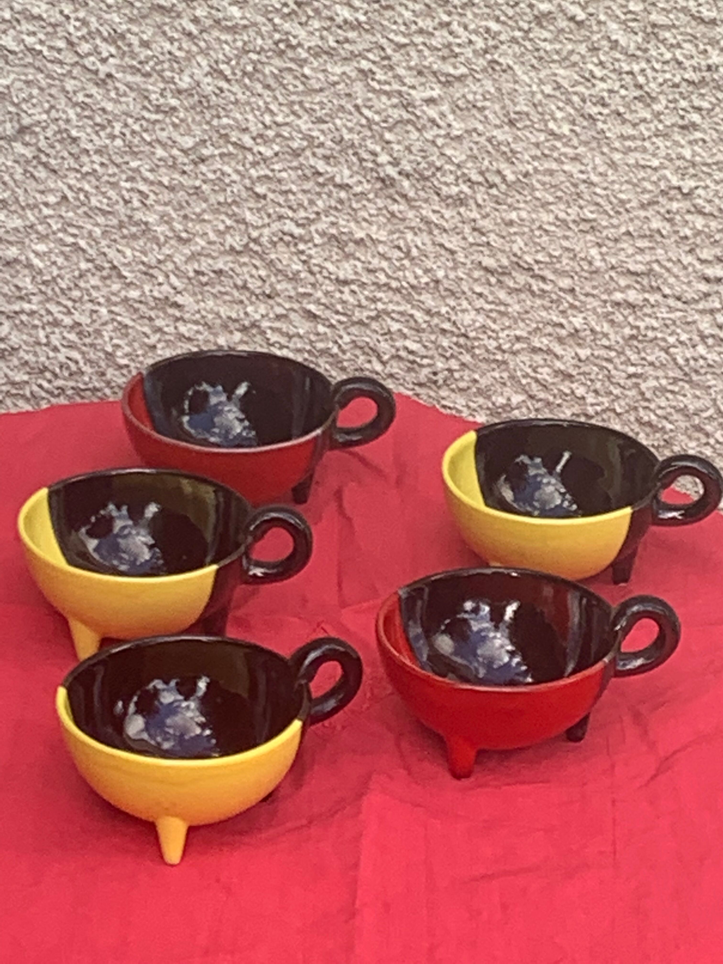 5 cups and 5 saucers signed Luc vallauris vintage