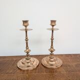 Pair of antique turned rose brass candlesticks (24 cm)