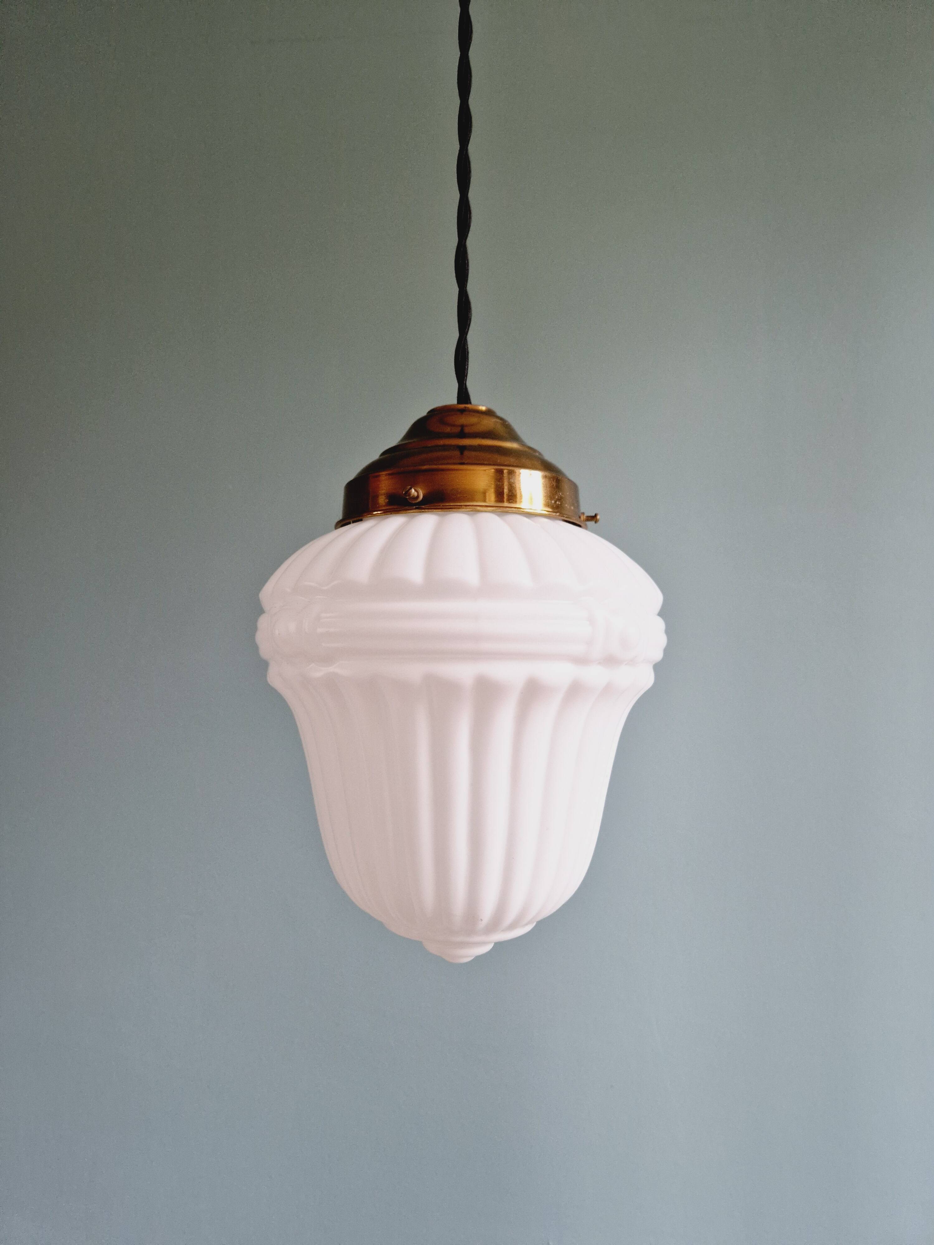 Art Deco pendant light in white opaline glass, 1920s-30s