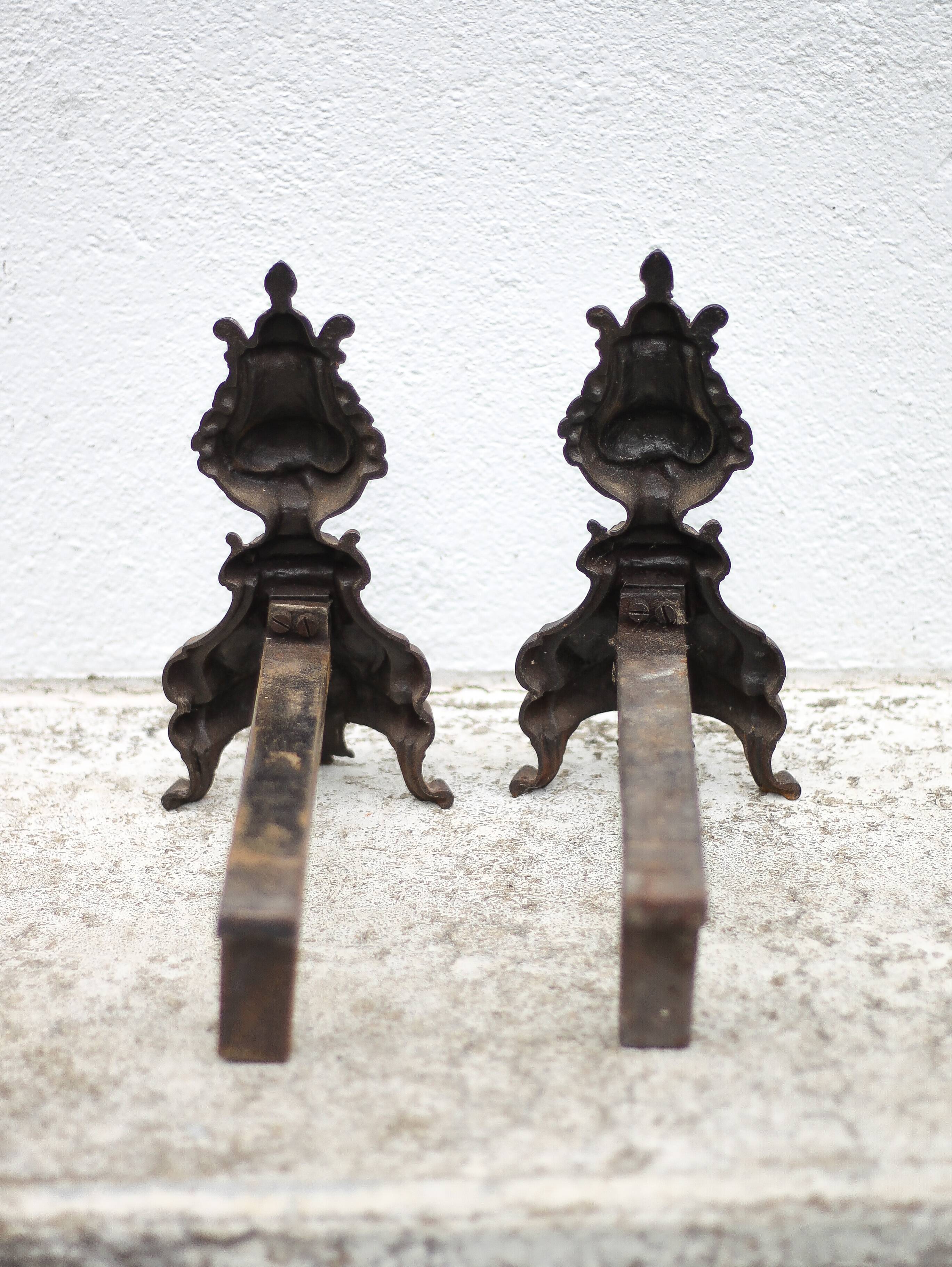Vintage fireplace andirons, pair of cast iron Bacchus head andirons, fireplace accessories