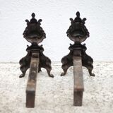 Vintage fireplace andirons, pair of cast iron Bacchus head andirons, fireplace accessories