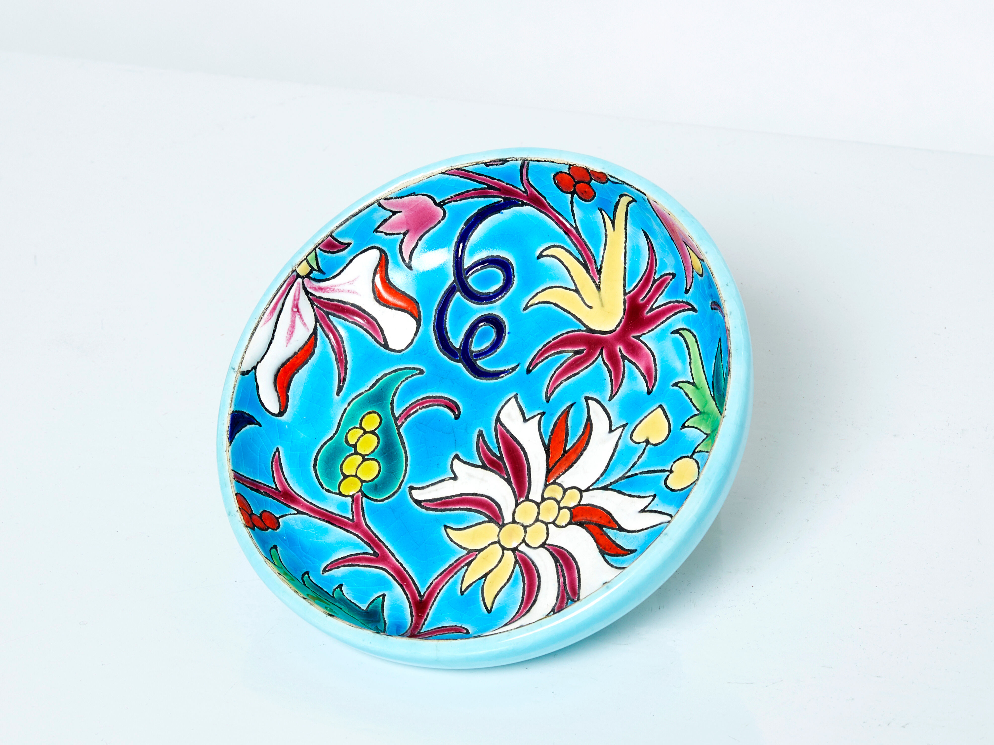 Round cup turquoise blue Art Deco Emaux de Longwy 1950