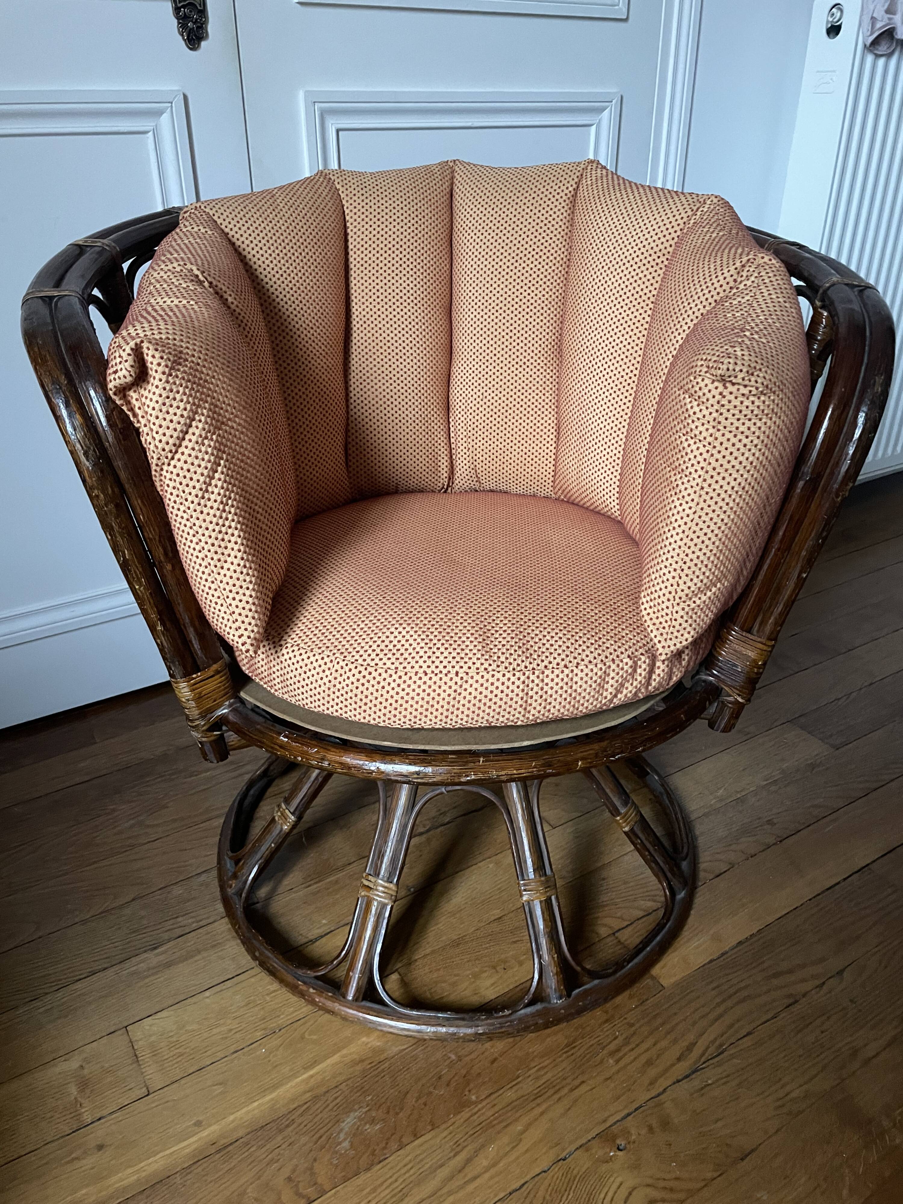 Fauteuil pivotant rotin et osier vintage