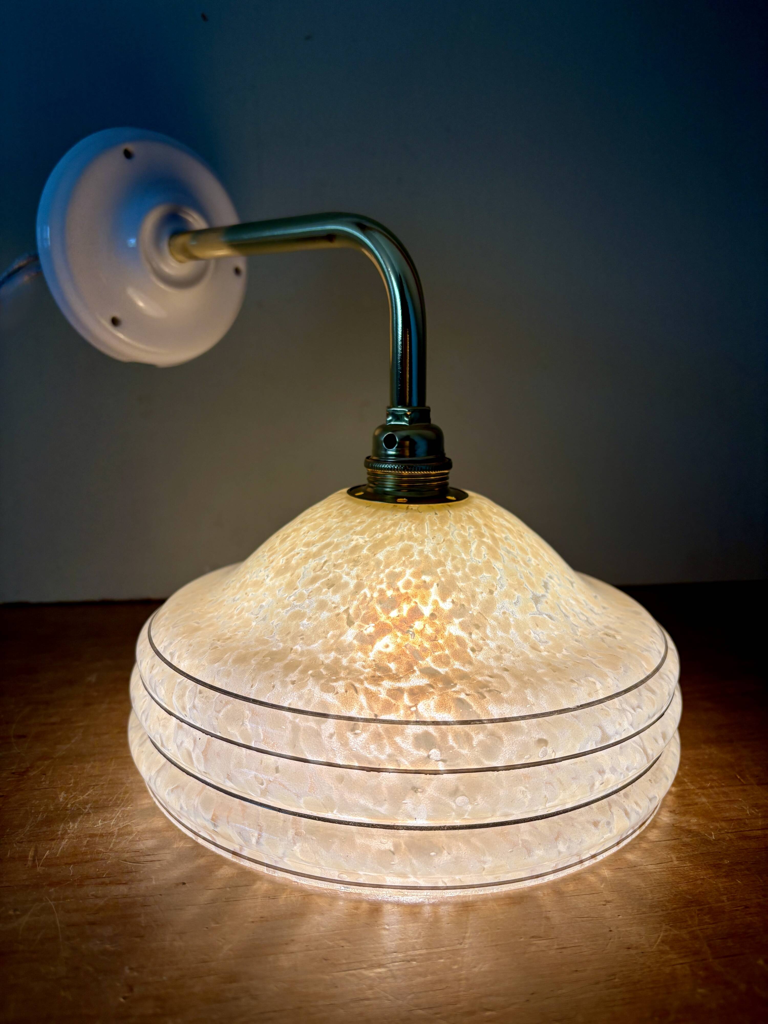 Angled wall lamp with vintage shade in yellow Clichy glass and silver edging