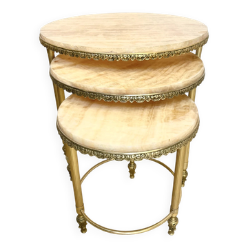 Set of 3 nesting tables in marble and gold metal – 1970s