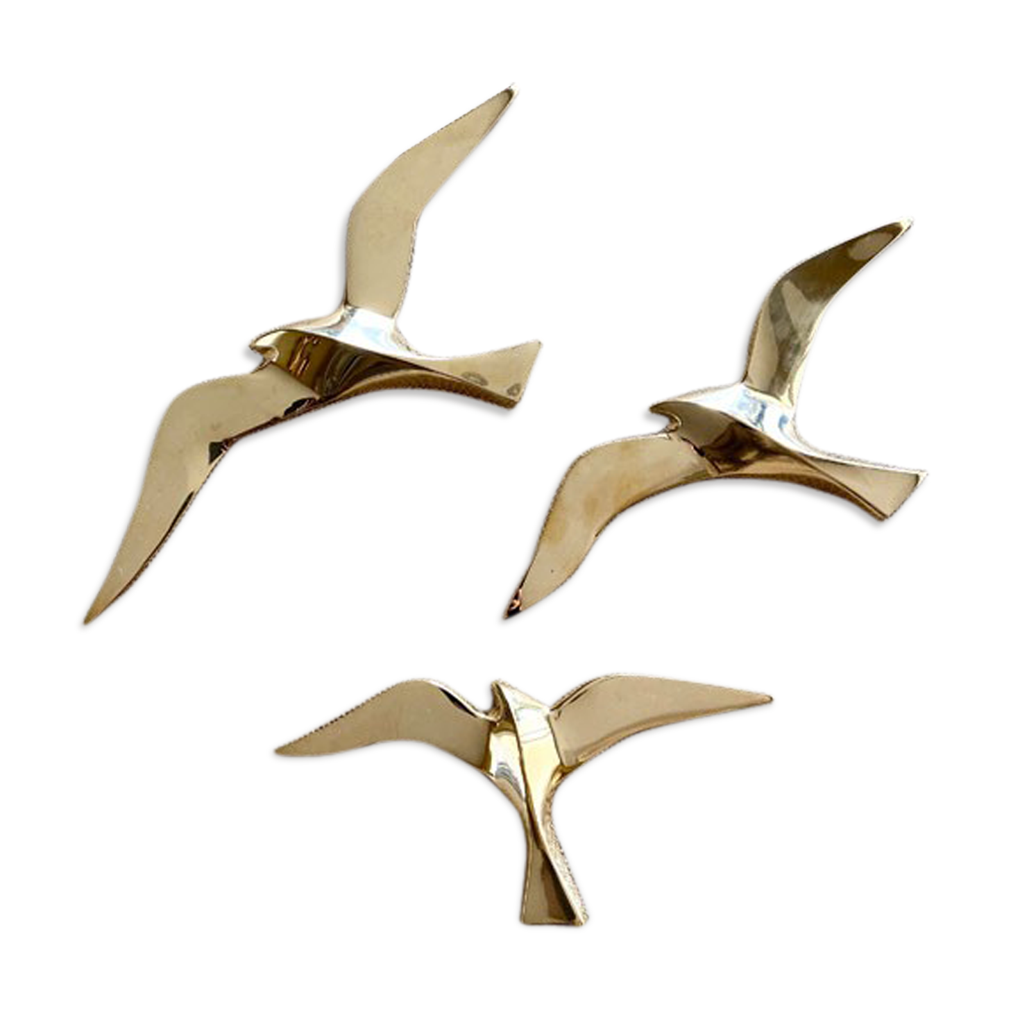 Series of 3 golden brass seagulls to hang