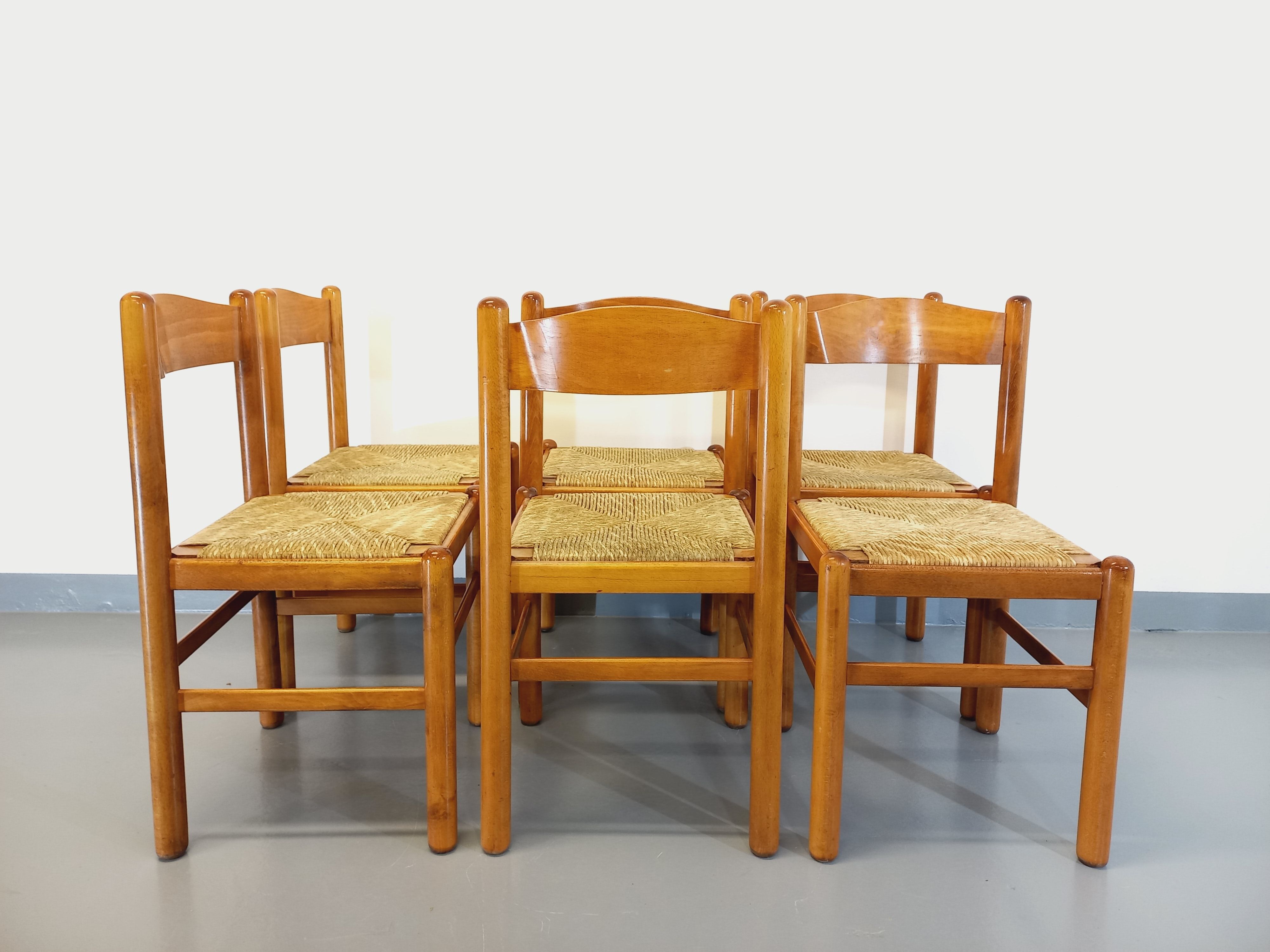 Suite of 6 vintage chairs in light wood and straw from the 70s 80s
